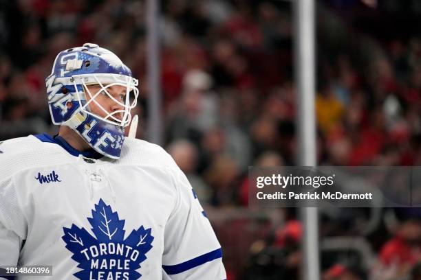 Ilya Samsonov of the Toronto Maple Leafs looks on against the Chicago Blackhawks during the first period at the United Center on November 24, 2023 in...