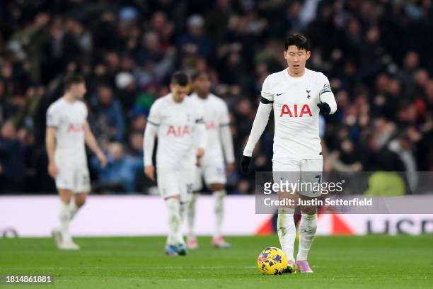 Son Heung-Min of Tottenham Hotspur looks dejected after Ollie Watkins of Aston Villa scores the team's second goal during the Premier League match...