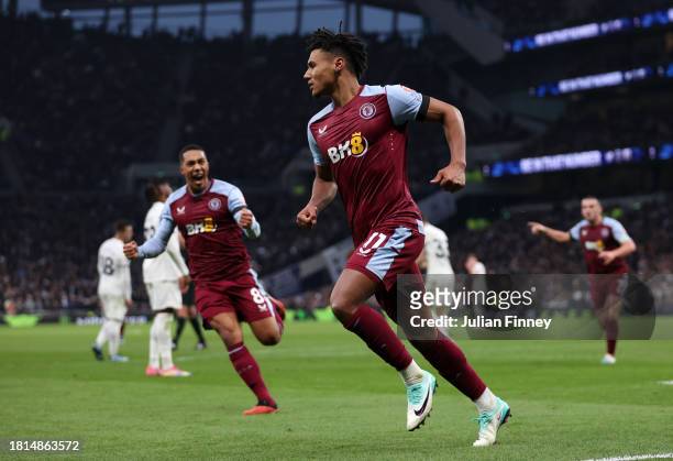 Ollie Watkins of Aston Villa celebrates after scoring the team's second goal during the Premier League match between Tottenham Hotspur and Aston...