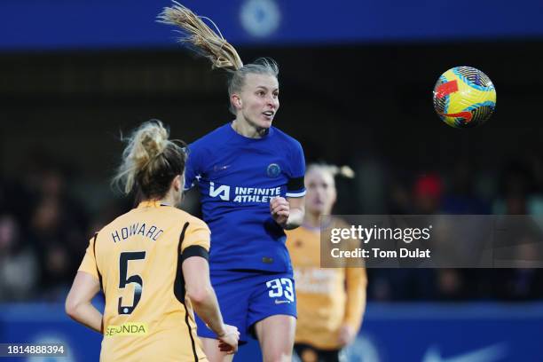 Aggie Beever-Jones of Chelsea scores the team's fifth goal during the Barclays Women´s Super League match between Chelsea FC and Leicester City at...
