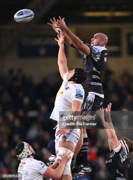 Falcons player Kiran McDonald wins a lineout ball during the Gallagher Premiership Rugby match between Newcastle Falcons and Exeter Chiefs at...
