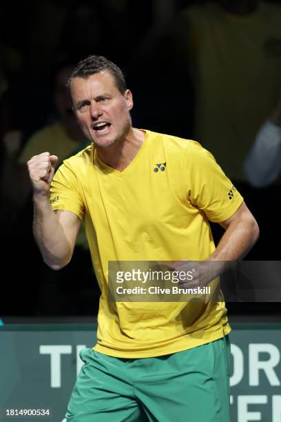 Lleyton Hewitt of Australia celebrates a point during the Davis Cup Final match against Italy at Palacio de Deportes Jose Maria Martin Carpena on...