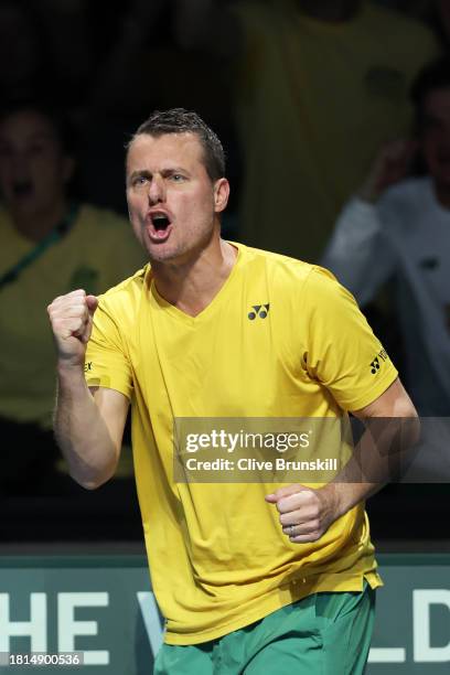 Lleyton Hewitt of Australia celebrates a point during the Davis Cup Final match against Italy at Palacio de Deportes Jose Maria Martin Carpena on...