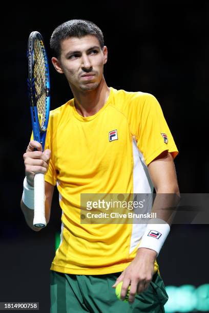 Alexei Popyrin of Australia reacts during the Davis Cup Final match against Matteo Arnaldi of Italy at Palacio de Deportes Jose Maria Martin Carpena...