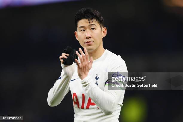 Son Heung-Min of Tottenham Hotspur looks dejected whilst applauding the fans at full-time following the team's defeat in the Premier League match...