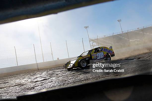 Ronnie Gould III, driver of the Modified, races during the Port-A-Cool U.S. National Dirt Track Championship at Texas Motor Speedway on September 21,...