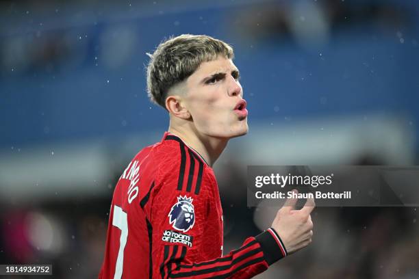 Alejandro Garnacho of Manchester United celebrates after scoring the team's first goal during the Premier League match between Everton FC and...