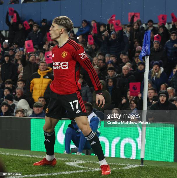 Alejandro Garnacho of Manchester United celebrates scoring their first goal during the Premier League match between Everton FC and Manchester United...