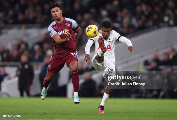 Ollie Watkins of Aston Villa and Emerson of Tottenham Hotspur battle for the ball during the Premier League match between Tottenham Hotspur and Aston...