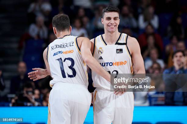 Sergio Rodriguez and Carlos Alocen of Real Madrid in action during ACB League match between Real Madrid and Morabanc Andorra at WiZink Center on...