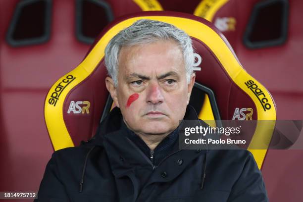 Jose Mourinho, Head Coach of AS Roma, looks on with a red mark on their face in support of the #UNROSSOALLAVIOLENZA - the WeWorld Violence Against...