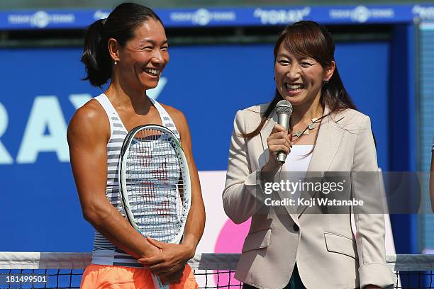 Kimiko Date-Krumm and Ai Sugiyama at the opening ceremony during day one of the Toray Pan Pacific Open at Ariake Colosseum on September 22, 2013 in...