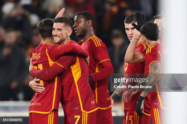 Paulo Dybala and Lorenzo Pellegrini AS Roma celebrate together after teammate Gianluca Mancini scores the team's first goal during the Serie A TIM...