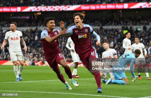 Pau Torres of Aston Villa celebrates after scoring the team's first goal during the Premier League match between Tottenham Hotspur and Aston Villa at...