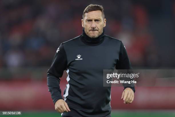 Former Italian football player Francesco Totti reacts during the 2023 World Super-footballer Games between American Star Team and European Star Team...