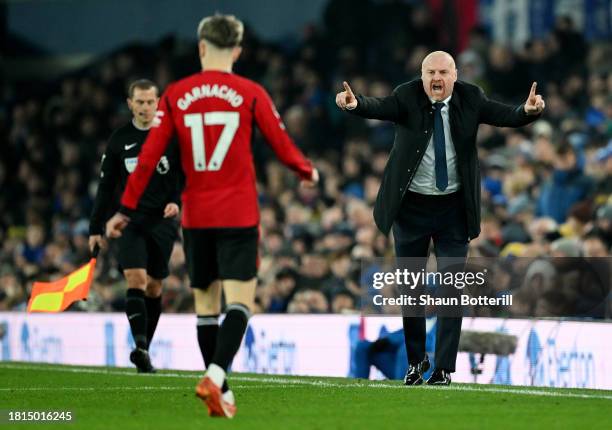 Sean Dyche, Manager of Everton, reacts during the Premier League match between Everton FC and Manchester United at Goodison Park on November 26, 2023...