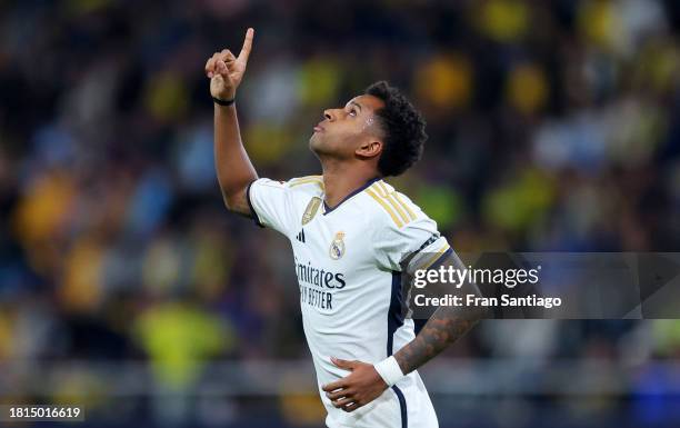 Rodrygo of Real Madrid celebrates after scoring the team's first goal during the LaLiga EA Sports match between Cadiz CF and Real Madrid CF at...