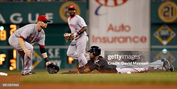 Starling Marte of the Pittsburgh Pirates is safe at second with a stolen base ahead of the throw to Zack Cozart of the Cincinnati Reds during the...