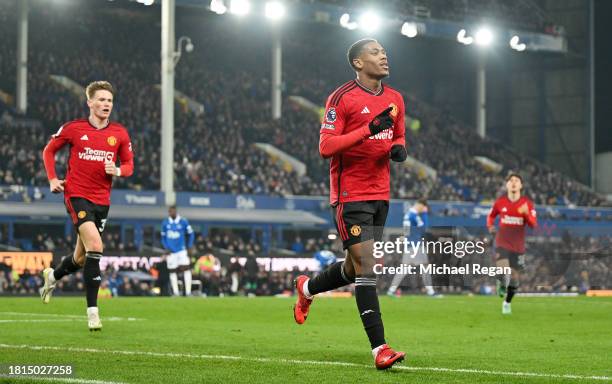 Anthony Martial of Manchester United celebrates after scoring the team's third goal during the Premier League match between Everton FC and Manchester...