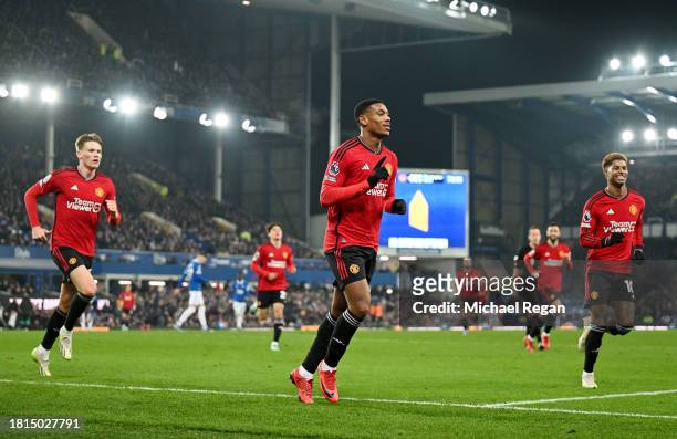 Anthony Martial of Manchester United celebrates after scoring the team's third goal during the Premier League match between Everton FC and Manchester...