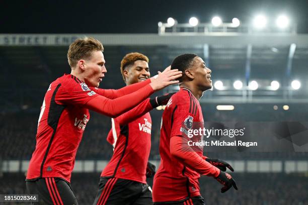 Anthony Martial of Manchester United celebrates after scoring the team's third goal during the Premier League match between Everton FC and Manchester...