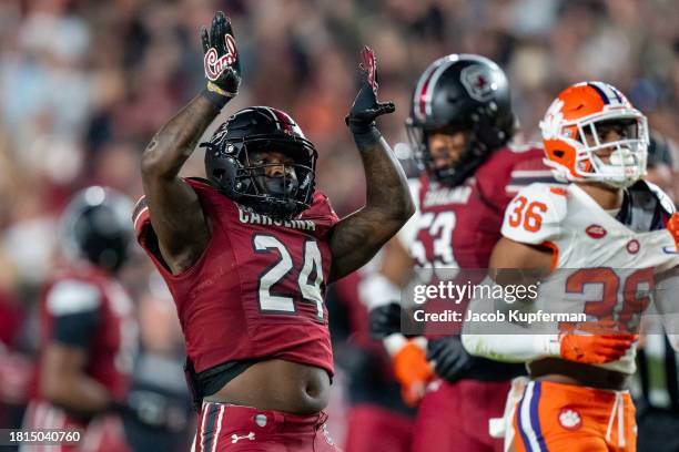 Mario Anderson of the South Carolina Gamecocks reacts during their game against the Clemson Tigers at Williams-Brice Stadium on November 25, 2023 in...