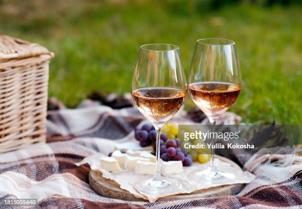 wine, fruit, cheese at picnic - wine glasses stock pictures, royalty-free photos & images