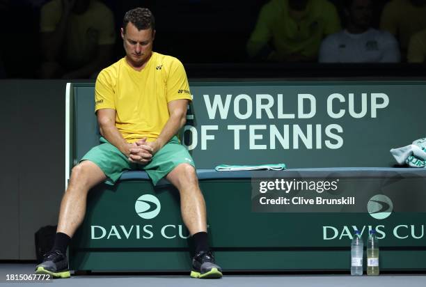 Lleyton Hewitt of Australia reacts during the Davis Cup Final match against Italy at Palacio de Deportes Jose Maria Martin Carpena on November 26,...