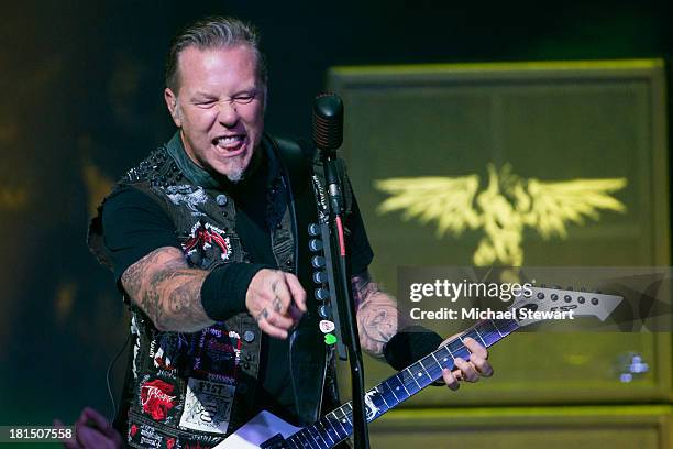 Musician James Hetfield of Metallica performs at a private exclusive concert for SiriusXM listeners at The Apollo Theater on September 21, 2013 in...