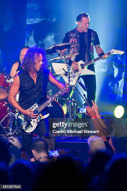 Musicians Kirk Hammett and James Hetfield of Metallica perform at a private exclusive concert for SiriusXM listeners at The Apollo Theater on...