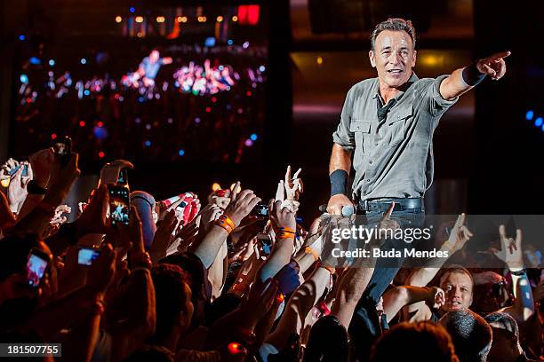 Bruce Springsteen performs on stage during a concert in the Rock in Rio Festival on September 21, 2013 in Rio de Janeiro, Brazil.