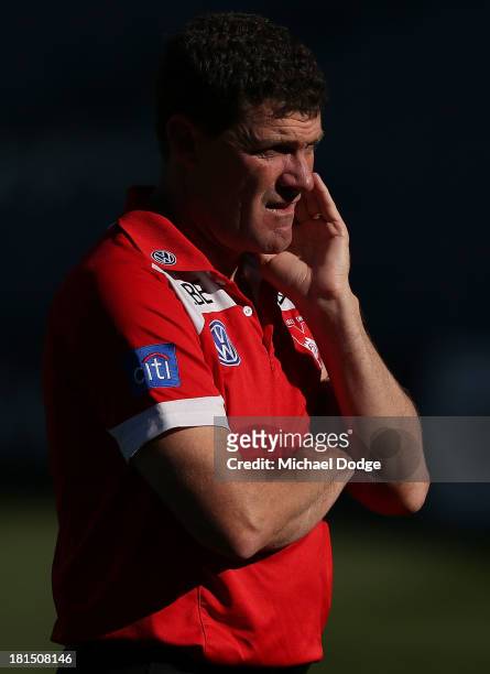 Swans assistant coach Leigh Tudor looks ahead during the AFL Second Preliminary Final match between the Fremantle Dockers and the Sydney Swans at...