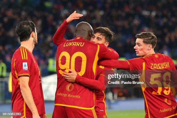 Paulo Dybala of AS Roma celebrates with teammate Romelu Lukaku after scoring the team's second goal during the Serie A TIM match between AS Roma and...