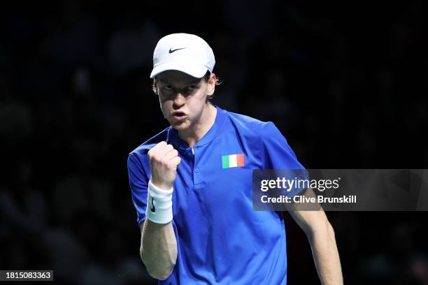 Jannik Sinner of Italy celebrates winning the first set during the Davis Cup Final match against Alex De Minaur of Australia at Palacio de Deportes...