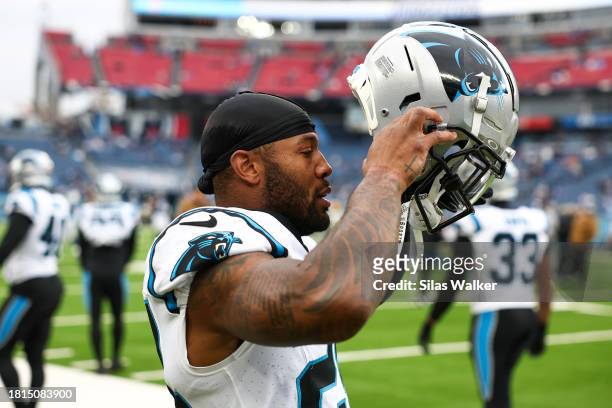 Vonn Bell of the Carolina Panthers puts on his helmet prior to a game against the Tennessee Titans at Nissan Stadium on November 26, 2023 in...