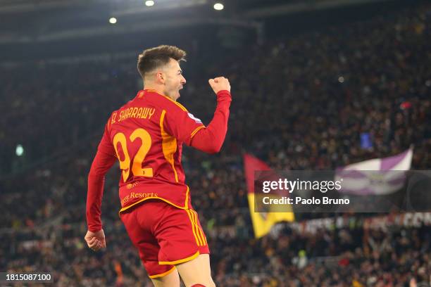 Stephan El Shaarawy of AS Roma celebrates after scoring the team's third goal during the Serie A TIM match between AS Roma and Udinese Calcio at...