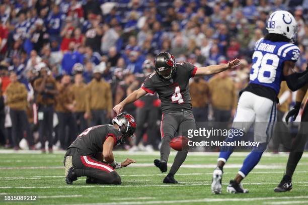 Chase McLaughlin of the Tampa Bay Buccaneers kicks a field goal during the first half of the game against the Indianapolis Colts at Lucas Oil Stadium...