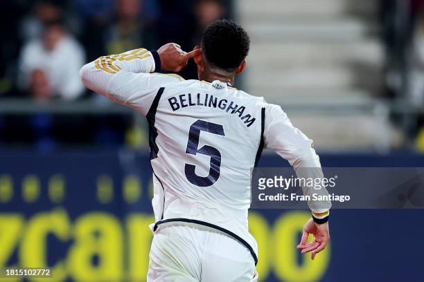 Jude Bellingham of Real Madrid celebrates after scoring the team's first goal during the LaLiga EA Sports match between Cadiz CF and Real Madrid CF...