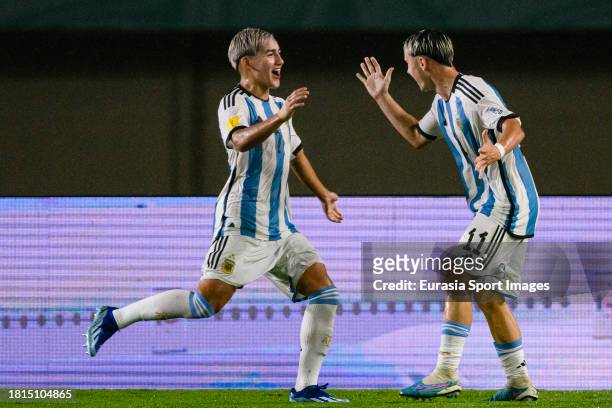 Santiago Lopez of Argentina celebrating his goal with his teammate Ian Subiabre during FIFA U-17 World Cup Round of 16 match between Argentina and...