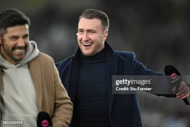 Sport Rugby presenters Craig Doyle and Stuart Hogg interact during the Gallagher Premiership Rugby match between Newcastle Falcons and Exeter Chiefs...