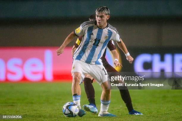 Santiago Lopez of Argentina in action during FIFA U-17 World Cup Round of 16 match between Argentina and Venezuela at Si Jalak Harupat Stadium on...