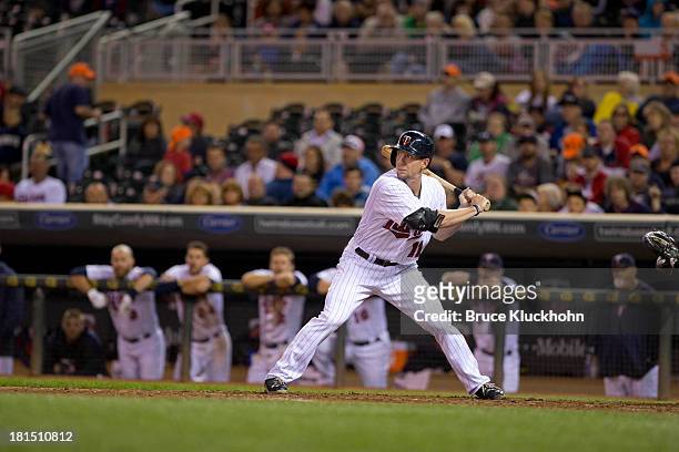 September 13: Clete Thomas of the Minnesota Twins bats against the Tampa Bay Rays on September 13, 2013 at Target Field in Minneapolis, Minnesota....