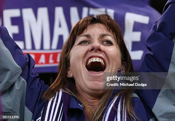 Dockers fan shows her support during the AFL Second Preliminary Final match between the Fremantle Dockers and the Sydney Swans at Patersons Stadium...