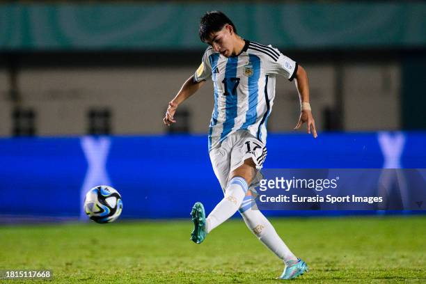 Valentino Acuna of Argentina looks to pass the ball during FIFA U-17 World Cup Round of 16 match between Argentina and Venezuela at Si Jalak Harupat...