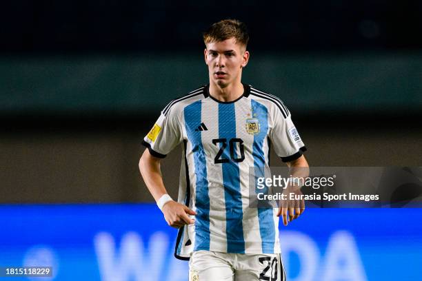 Franco Mastantuono of Argentina in action during FIFA U-17 World Cup Round of 16 match between Argentina and Venezuela at Si Jalak Harupat Stadium on...