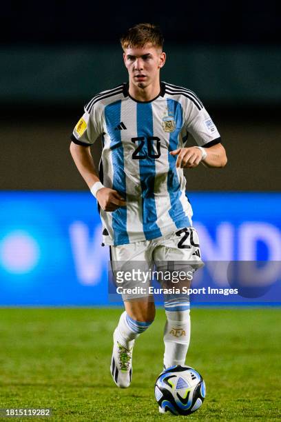 Franco Mastantuono of Argentina in action during FIFA U-17 World Cup Round of 16 match between Argentina and Venezuela at Si Jalak Harupat Stadium on...