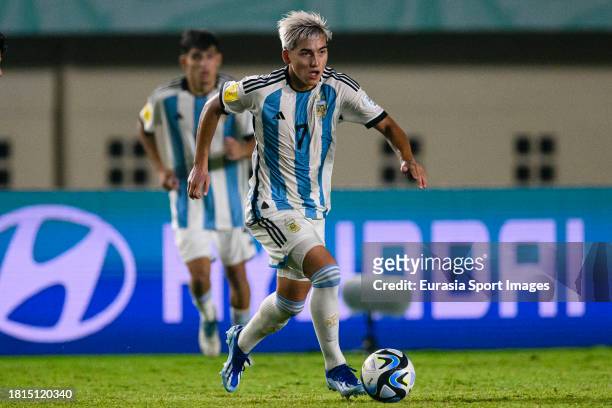 Ian Subiabre of Argentina runs with the ball during FIFA U-17 World Cup Round of 16 match between Argentina and Venezuela at Si Jalak Harupat Stadium...