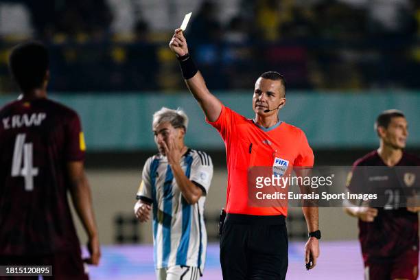 Referee Morten Krogh gestures during FIFA U-17 World Cup Round of 16 match between Argentina and Venezuela at Si Jalak Harupat Stadium on November...