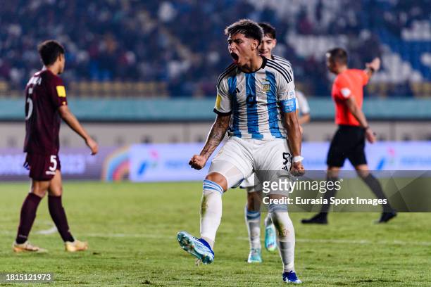 Agustin Ruberto of Argentina celebrates his goal during FIFA U-17 World Cup Round of 16 match between Argentina and Venezuela at Si Jalak Harupat...