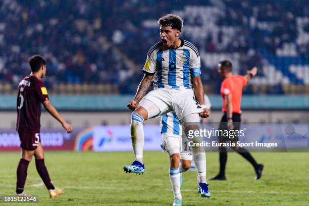 Agustin Ruberto of Argentina celebrates his goal during FIFA U-17 World Cup Round of 16 match between Argentina and Venezuela at Si Jalak Harupat...